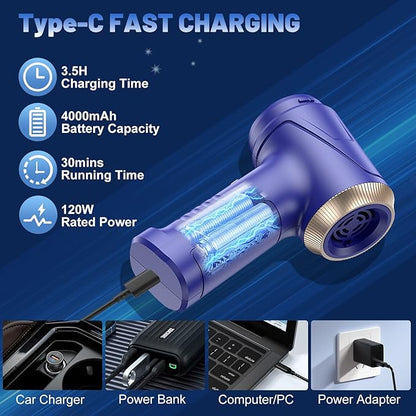 Handheld Cordless Car Vacuum Cleaner 16000Pa 4-in-1 Portable Vacuum & Air Duster with LED Light 120W High Power - Multi Nozzles for Pet Hair, Home, Office, Car - Rechargeable and Dual Filters