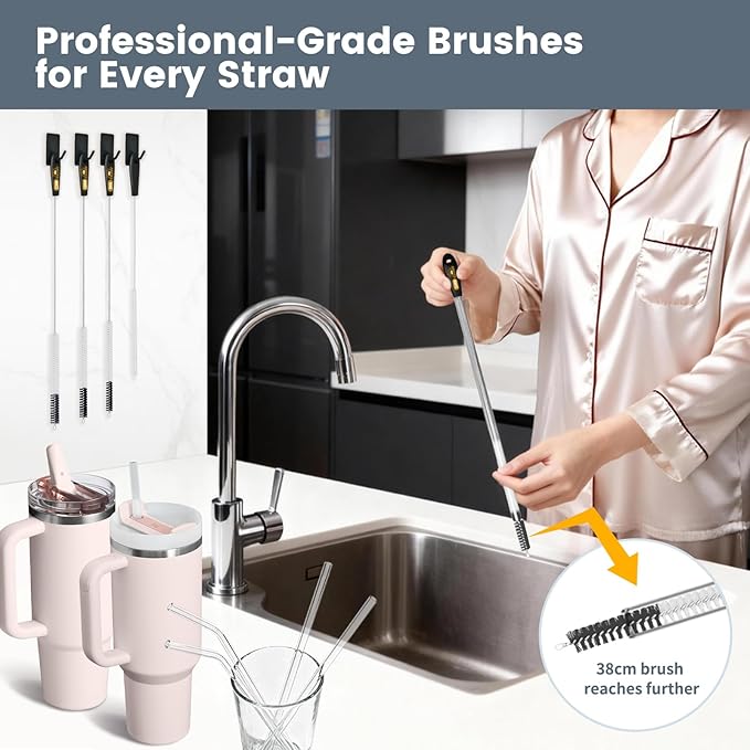 5 Pack Straw Cleaning Brush Set, 15" Extra Long Straw Cleaner Brush, 4 Sizes Reusable Straw Cleaner Brush, 3-In-1 Cup Lid Cleaning Brush for Stanley/Owala/Yeti/Hydro, Sturdy Brush Bristles(Black)