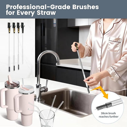 5 Pack Straw Cleaning Brush Set, 15" Extra Long Straw Cleaner Brush, 4 Sizes Reusable Straw Cleaner Brush, 3-In-1 Cup Lid Cleaning Brush for Stanley/Owala/Yeti/Hydro, Sturdy Brush Bristles(Black)