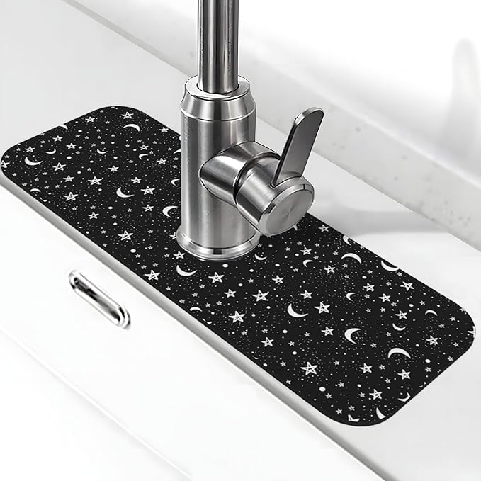 Black And White Moon Star Kitchen Sink Splash Guard Faucet Mat Super Absorbent Fast Drying Mat Sink Gadgets-Fast Drying Pad Sink Mat For Kitchen Bathroom (15" X 5.5" )