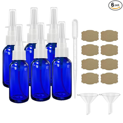 GIVAMEIHF Nasal Spray Bottles 6Pcs1oz (30ml),Empty Nasal Spray Bottle with Funnel,Dropper,Label,Cobalt Blue Glass Nose Spray Bottle,Press Spray Head Refillable Portable Fine Mist Travel Bottle