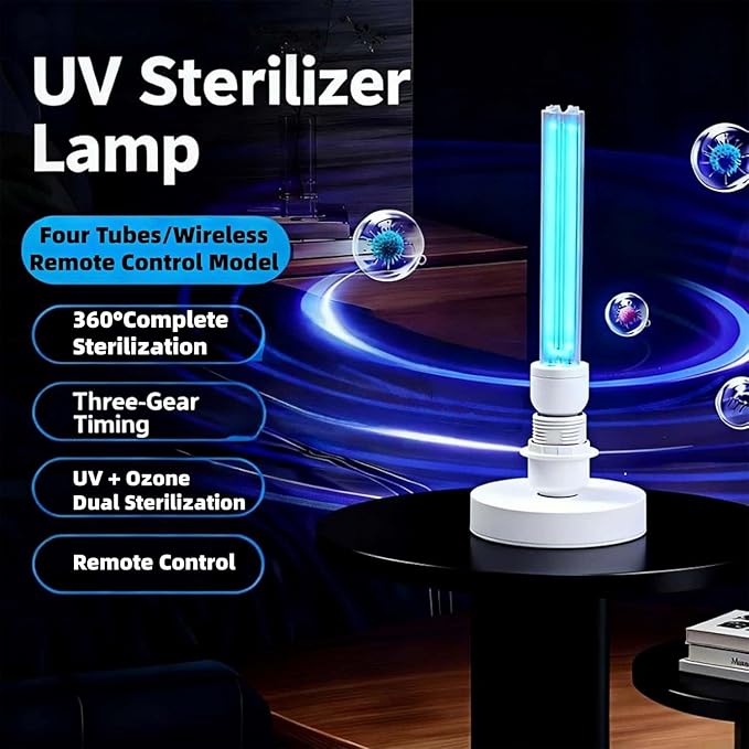 UV Light with Ozone,Wireless Remote Control & 3 Timer SettingsUV Lamp with 4 Quartz Tubes for 360° Coverage,Home Office Restaurant Hotel-Use When Unoccupied (US-007/25W-T)