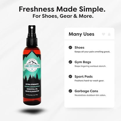 Lumi Outdoors Natural Shoe Deodorizer Spray (700+ Sprays) - Odor Eliminator for Smelly Shoes, Sneakers, Boots, Cleats & Foot Odor - Essential Oil Formula, Lemon Eucalyptus