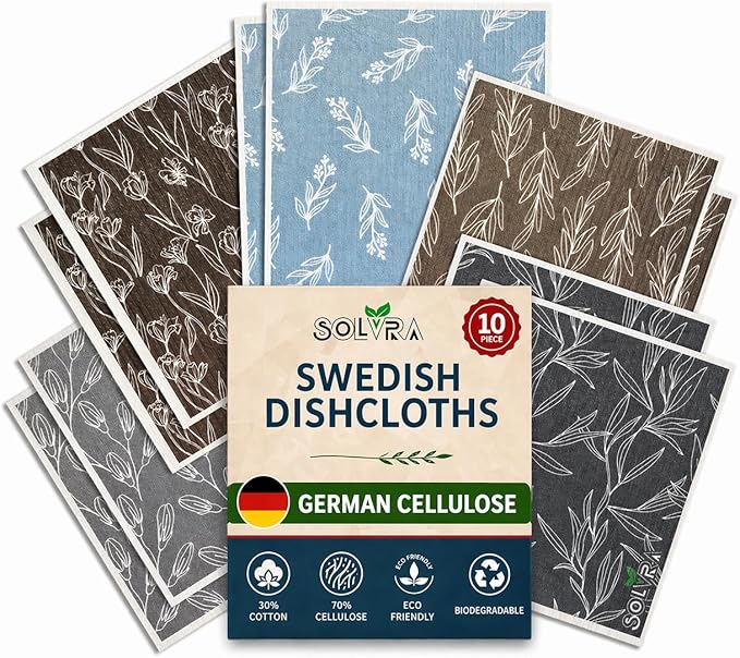 10 PCS Leaf Print Swedish Dishcloths for Kitchen 100% Biodegradable Reusable Cellulose Sponge Cloths Ultra Absorbent, Eco-Friendly Cleaning Towels Dishcloths for Washing Dishes & General Cleaning