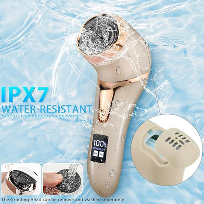 Callus Remover for Feet (with Dander Vacuum), Portable Pedicure Kit Foot File Callus Remover, Rechargeable Waterproof Foot File for Foot Care Deadskin Remover with 3Head&LCD Display, Gold