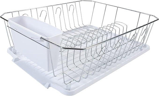 Kitchen Details 3 Piece Dish Rack | Drying Rack, Cutlery Basket & Drainboard Tray | Countertop | Self Draining | Open Wire Design | Chrome | White