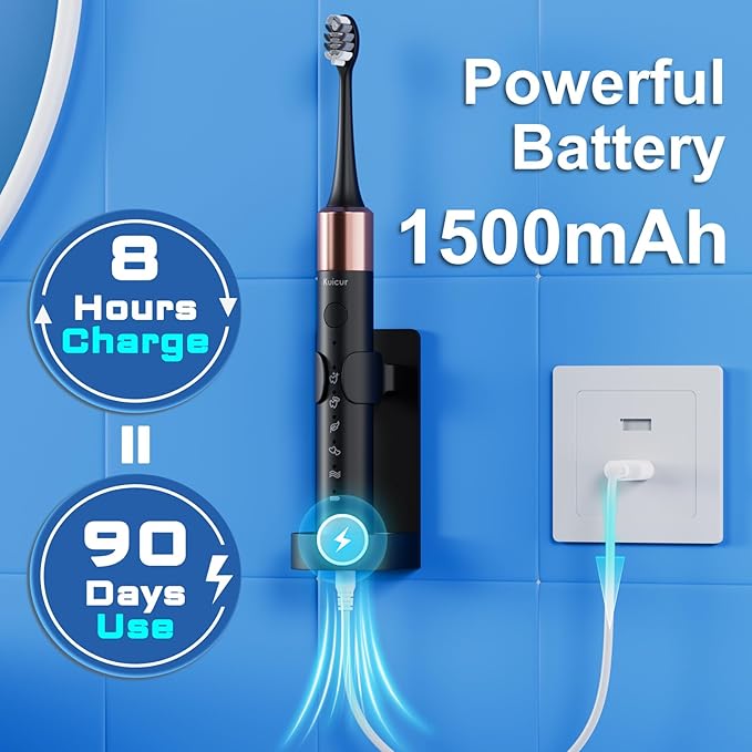 Kuicur Sonic Electric Toothbrush for Adults and Kids, Comes with 10 Brush Heads & Travel Case, 5 Modes with 2 Minutes Built in Smart Timer, One Charge for 90 Days, 42,000 VPM Motor (Black)
