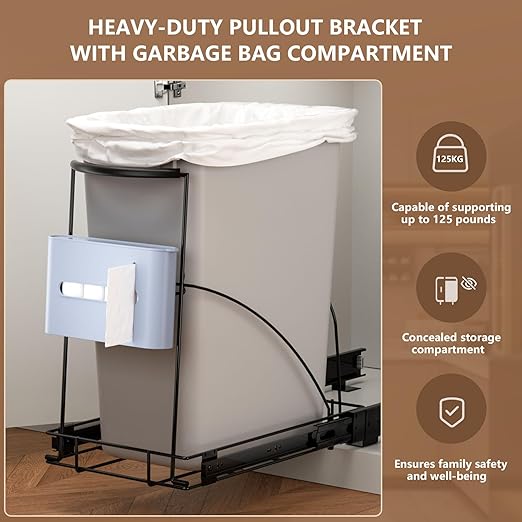 Pull Out Trash Can Under Cabinet Slide Out Kit - Heavy Duty Up to 125 lb, Fits 28-40 Quart ‌Ashcan with Garbage Bag Holder, Rust-Proof Steel Frame-Under Sink Garbage Can Pull Out (Not Include Can