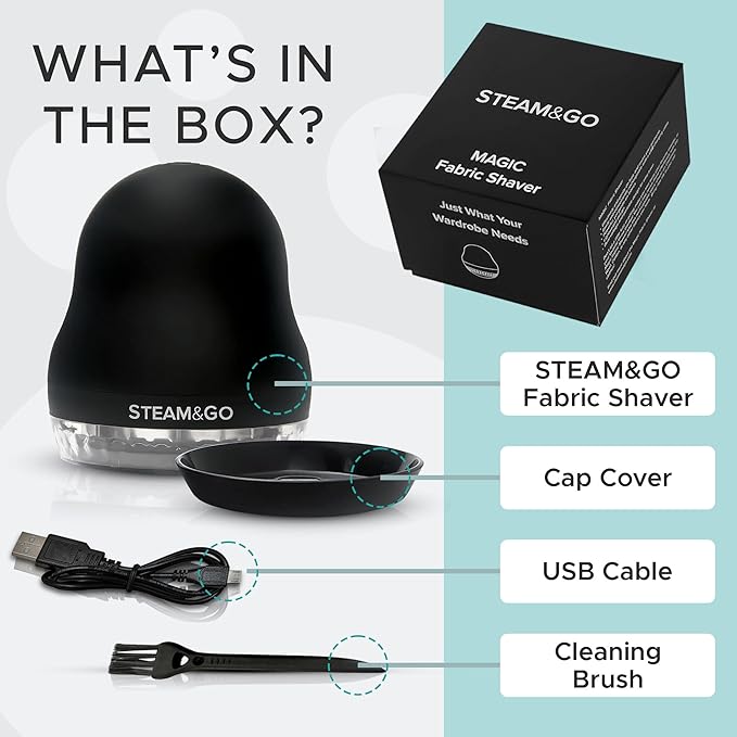 Steam & Go - Fabric Defuzzer, Rechargeable Fabric Shaver and Lint Remover, Portable Sweater Shavers to Remove Pilling, Fuzz, and Fluff, Lint Remover for Clothes and Beddings, Easy to Use Black