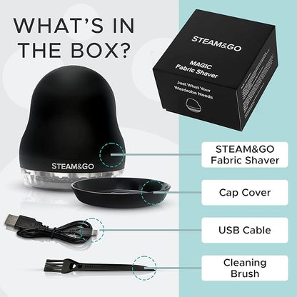 Steam & Go - Fabric Defuzzer, Rechargeable Fabric Shaver and Lint Remover, Portable Sweater Shavers to Remove Pilling, Fuzz, and Fluff, Lint Remover for Clothes and Beddings, Easy to Use Black