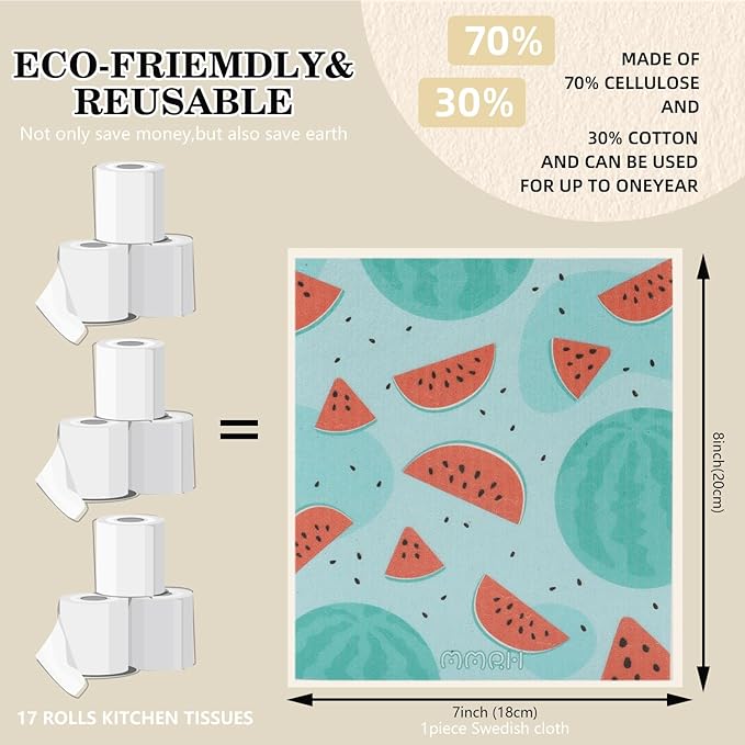 6 Pack Swedish Dishcloths for Kitchen |Watercolor Dish Towels | Reusable Paper Towels Washable | Non-Scratch Cellulose Sponge Cloths | No Odor, Biodegradable, Swedish Cloths, Fruits-1