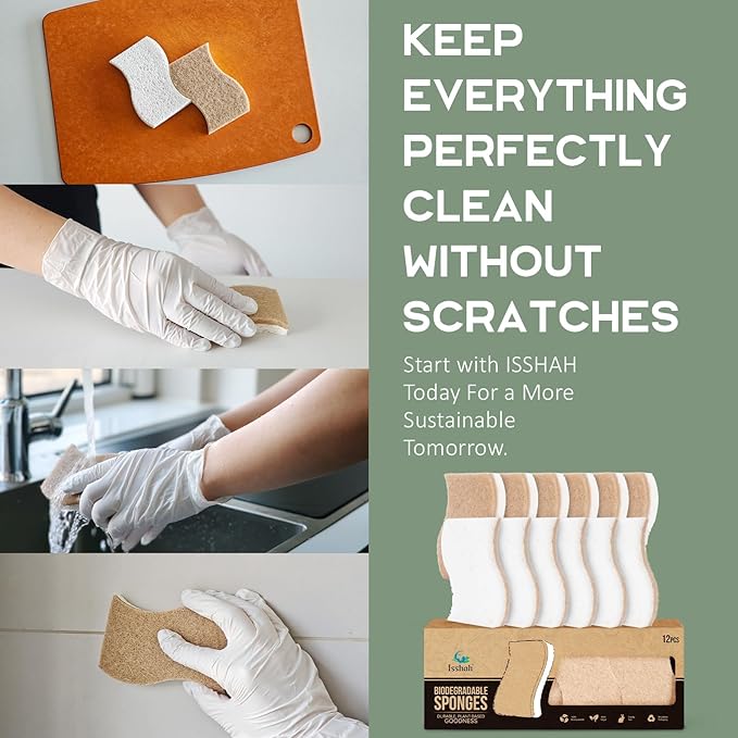 Isshah Plant-Based Kitchen Sponges - FSC Certified and PETA Approved, 12 Count
