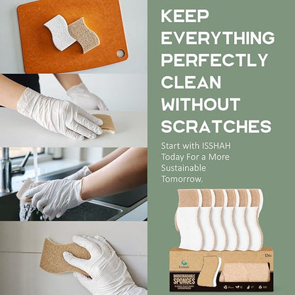 Isshah Plant-Based Kitchen Sponges - FSC Certified and PETA Approved, 12 Count
