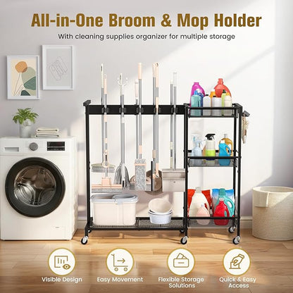 Broom Holder with Cleaning Supplies Organizer, Cleaning Utility Cart on Wheels, 10 Clips & 7 Hooks, 3-Tier Shelves, Broom Closet Storage Cabinet with Cleaning Caddy for Home Commercial Use