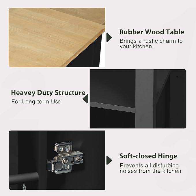 47" Kitchen Island with Extendable Dining Table, Movable Farmhouse Kitchen Islands with Storage Rack, Power Outlet, Island Table on Wheels with 2 Storage Drawers & 2 Cabinets, Black