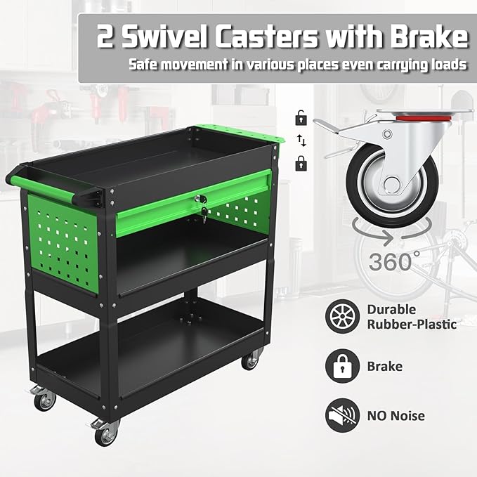 3 Tray Rolling Tool Cart with Drawers, 400 LBS Capacity Mechanic Tool Cart on Wheels, Heavy Duty Utility Cart with Pegboard, Metal Work Cart for Garage and Repair Shop, Blackgreen