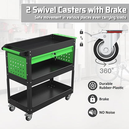3 Tray Rolling Tool Cart with Drawers, 400 LBS Capacity Mechanic Tool Cart on Wheels, Heavy Duty Utility Cart with Pegboard, Metal Work Cart for Garage and Repair Shop, Blackgreen