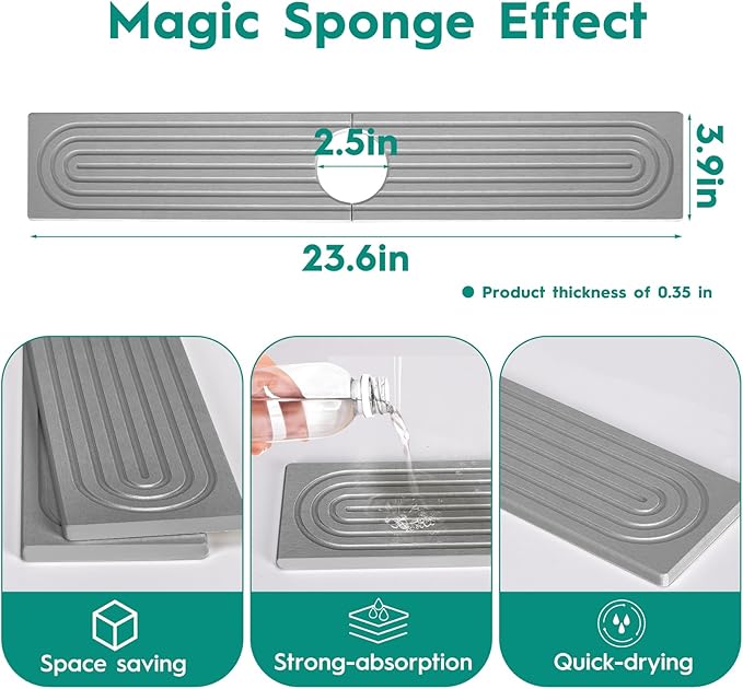 24 Inch Stone Faucet Mat for Kitchen Sink,Kitchen Sink Splash Guard-Water Absorbing Stone Tray for Sink,Super Absorbent, Diatomite Protector with Drainage for Kitchen Bathroom Counter(Light Grey)
