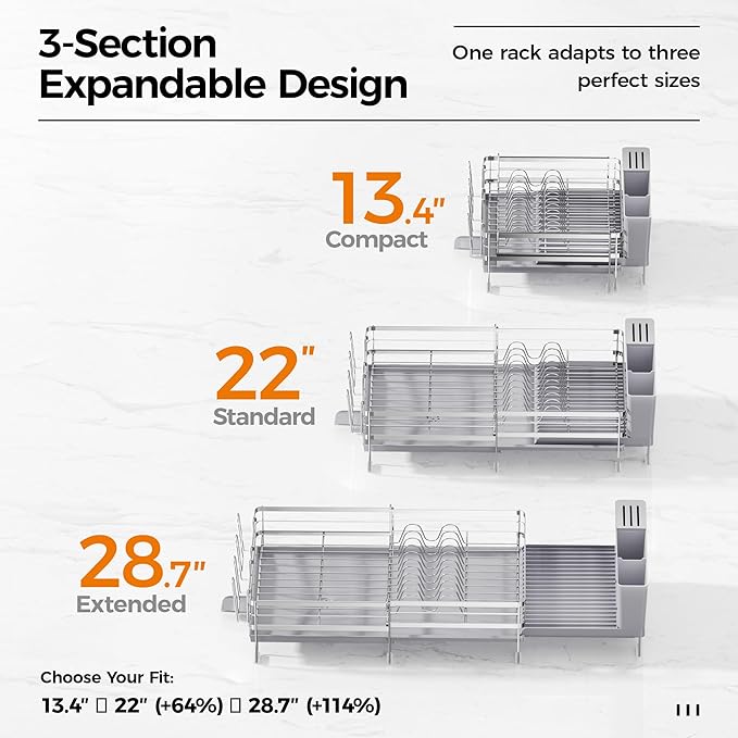 Delamu Stainless Steel Dish Drying Rack, Expandable Dish Drainer, Anti-Rust Large Dish Racks for Kitchen Counter, Dish Strainers with Drainboard, Utensil & Cup Holder, 13.4"-28.7" L x 11.8" W, Grey
