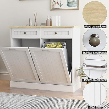 RASOO Double Tilt Out Trash Can Cabinet Freestanding Wooden Kitchen Garbage Trash Can Cabinet with Wood GrainTabletop and 2 Drawers