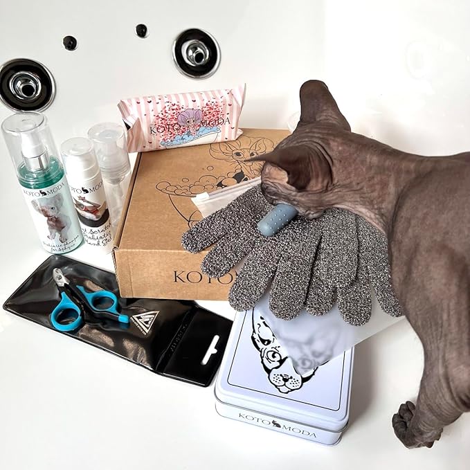 Ultimate Kit for Cats and Small Animals: Unique Care Set for Your pet Probiotic Shampoo for Sphynx and Naked Cats, Wet Wipes, Bathing Gloves, Nail Clippers, Shower caps, Finger Toothbrush