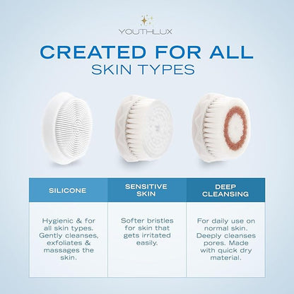 Pure Radiance, Vibrating Facial Cleansing Brush, Electric Face Scrubber, 3 Modes, 3 Brush Heads (2 Bristle,1 Silicone), Waterproof, Rechargeable, Smart Timer, Exfoliating, Massage (Silver)