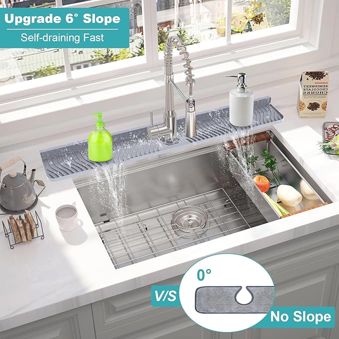 Longer Sink Splash Guard Mat 33 inch, Silicone Faucet Handle Drip Catcher Tray, Longer Silicone Sink Mat for Kitchen Bathroom, Drip Protector Splash Countertop (Grey)