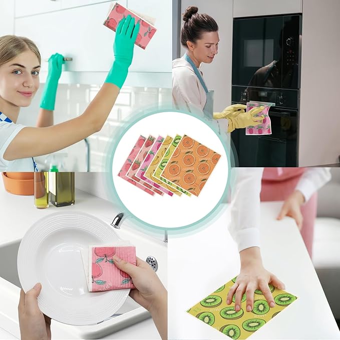 6 Pack Swedish Dishcloths for Kitchen |Watercolor Dish Towels | Reusable Paper Towels Washable | Non-Scratch Cellulose Sponge Cloths | No Odor, Biodegradable, Swedish Cloths, Fruits-2