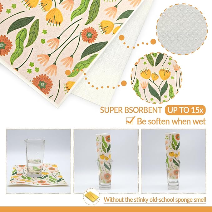 6 - Pack Swedish Kitchen Dish Cloths - Reusable Paper Towels for Counters & Dishes - Eco Friendly Cellulose Sponge Cloth (Broken Flowers)