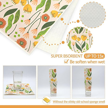 6 - Pack Swedish Kitchen Dish Cloths - Reusable Paper Towels for Counters & Dishes - Eco Friendly Cellulose Sponge Cloth (Broken Flowers)