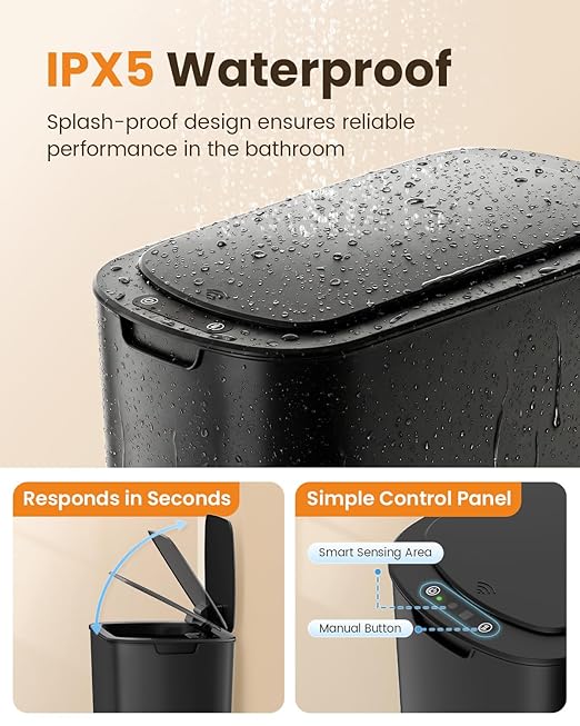 Cesun Motion Sensor Trash Can, 5 Gallon Automatic Bathroom Garbage Can with Lid, Touchless Smart Plastic Slim Wastebasket for Bathroom, Office, rv, Bedroom, Living Room, Black