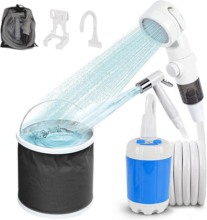 Portable Camping Shower, Outdoor Shower Kit, Hose, Spray Gun & Folding Bucket, Rechargeable Battery Powered Portable Shower for Camping, Hiking, Beach,RV,Pet Cleaning & Road Trips