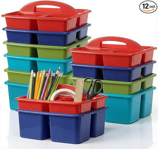 Kathfly 12 Pack Caddy Organizer with Handle, Stackable Organization Storage, Small Plastic Basket Classroom Caddy for Table Desk Office Pencil Kids Room Craft Art Teacher School Supplies (Deep Color)