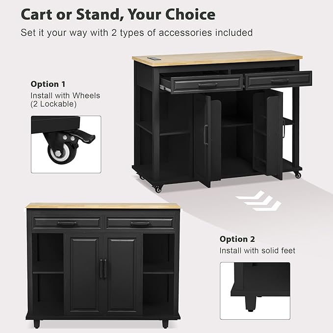 47" Kitchen Island with Extendable Dining Table, Movable Farmhouse Kitchen Islands with Storage Rack, Power Outlet, Island Table on Wheels with 2 Storage Drawers & 2 Cabinets, Black