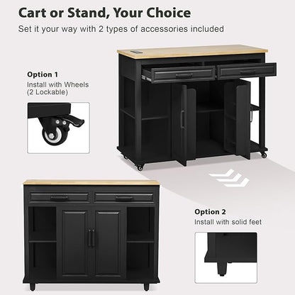 47" Kitchen Island with Extendable Dining Table, Movable Farmhouse Kitchen Islands with Storage Rack, Power Outlet, Island Table on Wheels with 2 Storage Drawers & 2 Cabinets, Black