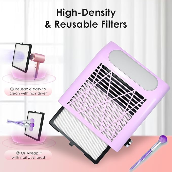 Nail Dust Collector with Reusable Filter & Brush, 80W Powerful Adjustable Electric Nail Fan Dust Vacuum Suction Extractor for Acrylic Gel Nails Polishing Manicure Tool, Low Noise