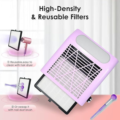 Nail Dust Collector with Reusable Filter & Brush, 80W Powerful Adjustable Electric Nail Fan Dust Vacuum Suction Extractor for Acrylic Gel Nails Polishing Manicure Tool, Low Noise