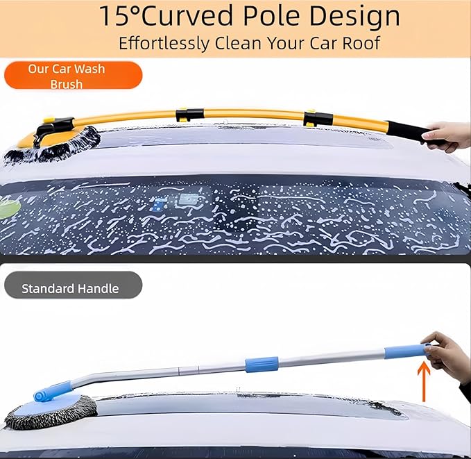 Car Wash Brush with Long Handle, 15°Curved Car Cleaning Brush with Extension Pole Scratch Free, Microfiber Exterior Cleaning Mop Mitt for Washing Roof Truck Camper SUV (2)