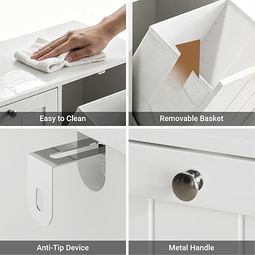 Tilt Out Trash Can Cabinet, Hidden Trash Can Cabinet with 2 Removable Bags, Double Laundry Hamper Cabinet, Narrow Storage Organizer for Kitchen, Bathroom, and Bedroom White DJ BZR001
