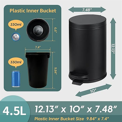 SunnyPoint 4.5 Liter(1.2 Gallon) Small Round Trash Can with Plastic Inner Bucket; Bathroom, Office, Kitchen and Bedroom Step On and Slow Close (BLK) (Pack of 2)