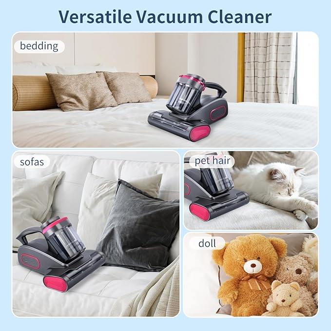 Rechargable Handheld Vacuum - Wireless Bed Vacuum Cleaner - Portable Mattress Vacuum 8.5KPa UV with High Heating Tech & Roller Brush Upgraded Double Dust Cup Widened