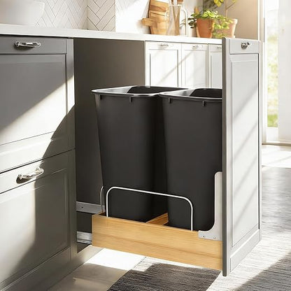 Double Pull Out Trash Can Under Cabinet, Extra Large Dual 48 Qt Bins with Wood Frame, Min Opening Width of 15.5" - Pull Out Garbage Can for Kitchen Cabinet with Soft-Close Slide Out Trash Can Cabinet