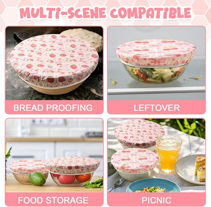 2-Pack Reusable Beeswax Bowl Covers with Pink Bow & Fruit Pattern, 10/12 Inch Elastic Cotton Food Storage Covers for Bread Proofing, Sourdough Dough & Kitchen Containers