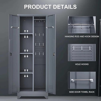 65" H Metal Broom Closet Storage Cabinet, Freestanding Garage Storage Cabinet with Hanging Rod and Locking Doors, Bathroom Storage Cabinet, Cleaning Tool Cabinet for Garage Patio Garden, Grey