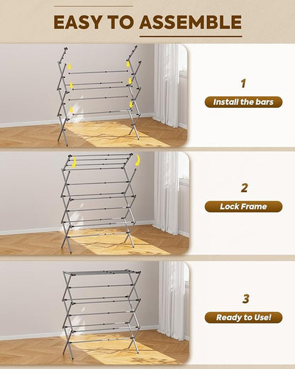 KINGBOARD Clothes Drying Rack, Collapsible Drying Rack Clothing with 11 Poles, 3-Tier Laundry Drying Rack, Small Clothes Drying Rack Foldable for Baby Clothes Sock Towel, 25lb Capacity, Grey
