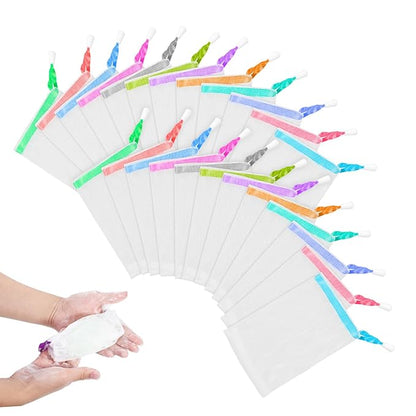 24 PCS Mesh Soap Bag, Soft Exfoliating Mesh Soap Pouch Double Layer Thicken Foam Net Saver Sack with Drawstring for Shower Body Facial Cleaning Tool (Assorted Colors)