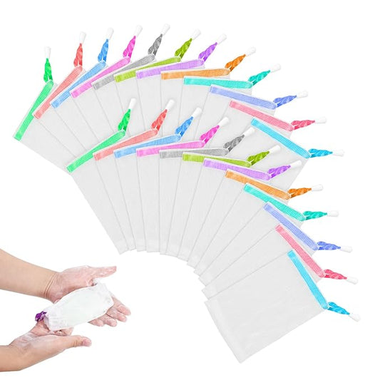 24 PCS Mesh Soap Bag, Soft Exfoliating Mesh Soap Pouch Double Layer Thicken Foam Net Saver Sack with Drawstring for Shower Body Facial Cleaning Tool (Assorted Colors)