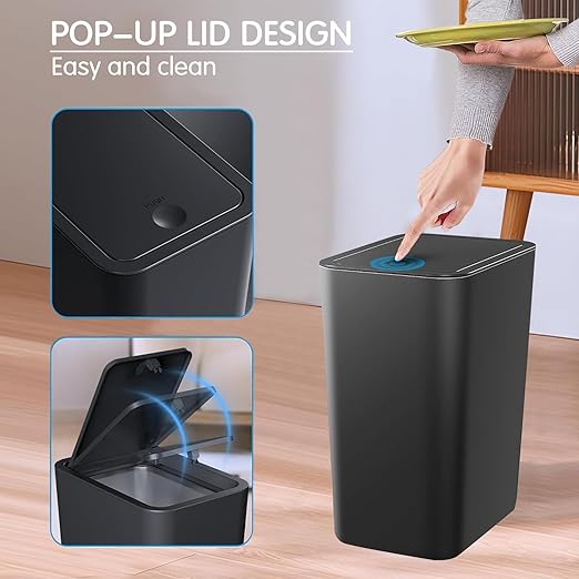 2.65-gallon/10-liter Push-Button Trash can with lid + 100 Trash Bags. Features pet-Proof, Odor-Proof, and Quiet-Closing Functions; Suitable for bedrooms, bathrooms, Kitchens, and Offices (Black)