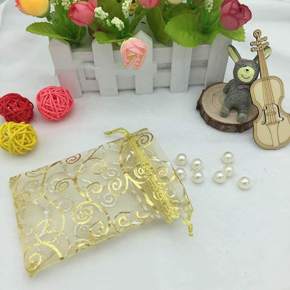 100 Pcs 5x7 inch Gift Wrap Bags Gold Rattan, Organza Sheer Clear Tulle Fabric, Drawstring Mesh Bags for Baby Shower Favor, Jewelry, Birthday Party Favor,Sachet,Christmas Favour,Craft Business,Jewelery