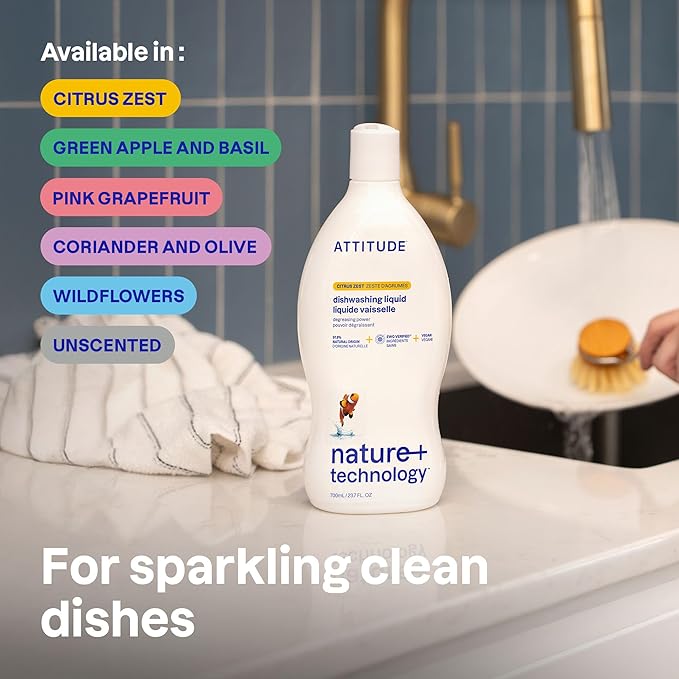 ATTITUDE Dish Soap, EWG Verified, Plant-Based & Vegan Dishwashing Liquid, Naturally Derived, Green Apple and Basil, 23.7 Fl Oz (Pack of 3)